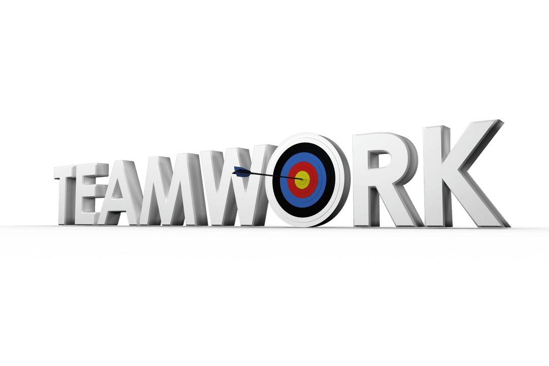 Transparent Teamwork text with dart hitting center target