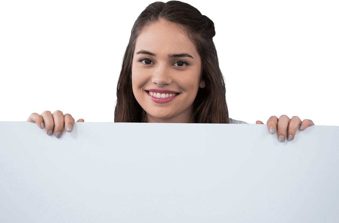Smiling Woman Holding White Board on Transparent Background