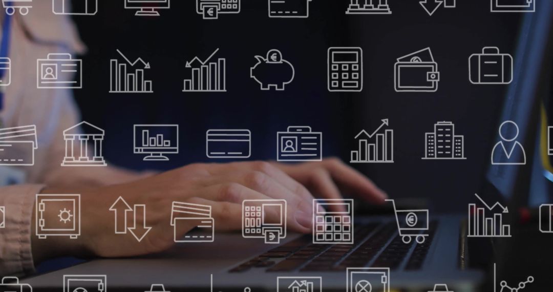 Overlay of Financial Icons with Person Using Laptop