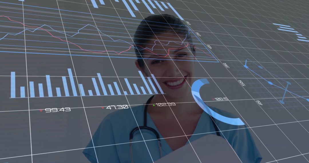 Smiling Doctor with Holographic Data Analysis Overlay