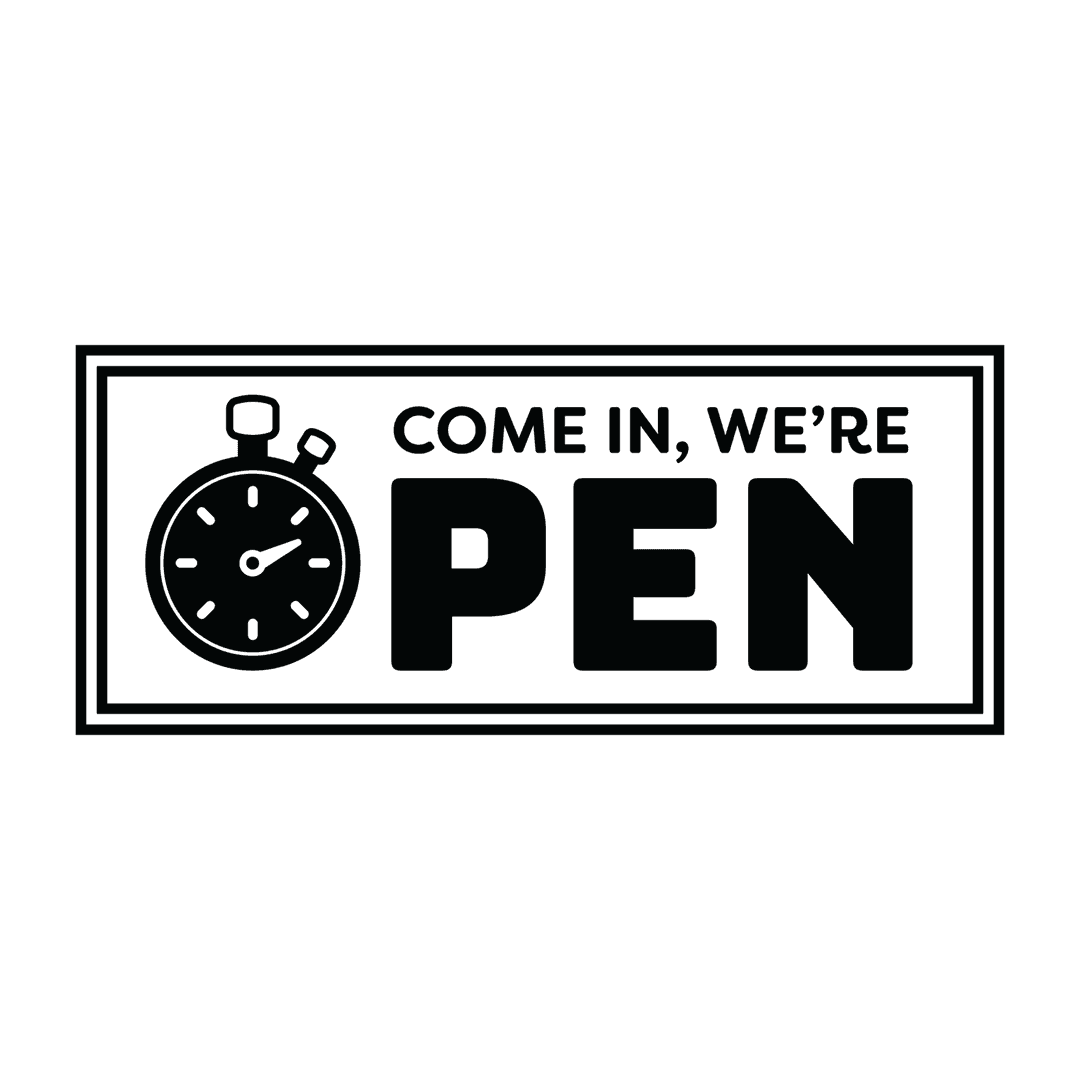 Open Sign with Retro Clock Illustration on Transparent Background