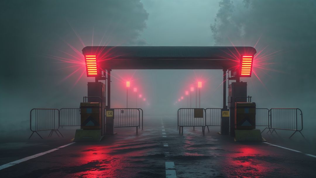 Foggy road with security barrier and red alert glowing lights