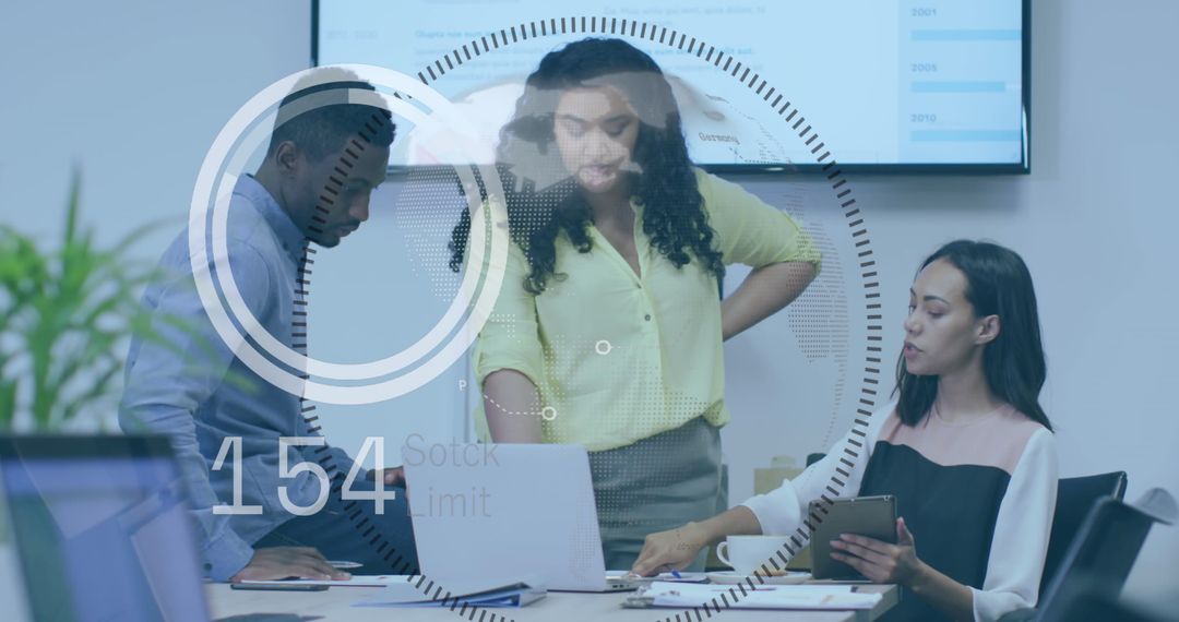 Innovative Business Team Analyzing Data with Futuristic Interface