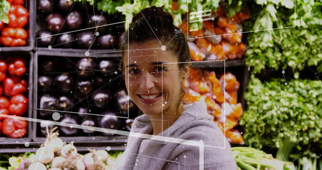Woman Shopping in Produce Aisle with AR Technology