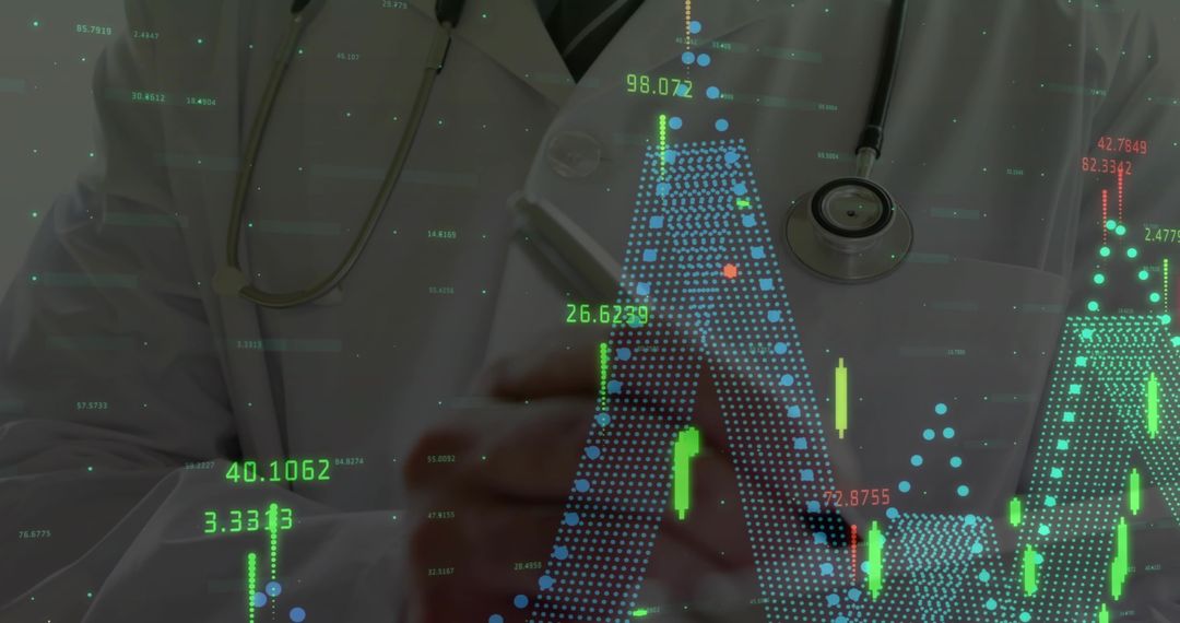 Doctor Overseeing Financial Data with Candlestick Chart Overlay