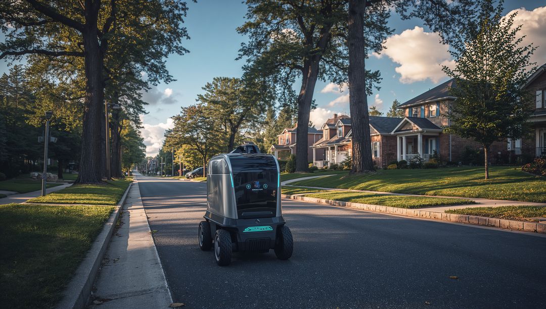 Autonomous Delivery Robot Patrolling Suburban Street at Golden Hour