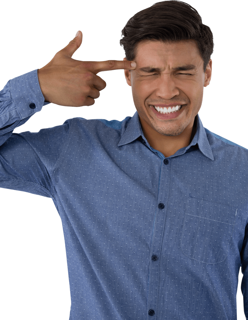 Frustrated Man Gesturing Gun to Head on Transparent Background