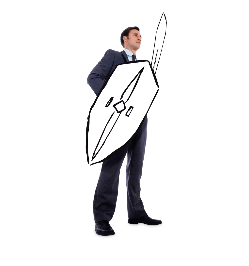 Businessman Holding Diagram-Style Sword and Shield on Transparent Background