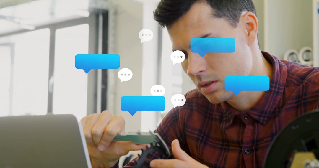 Engineer Prototyping Electronic Component with Chat Bubbles
