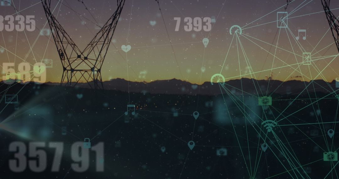 Digital Network Overlay on Power Lines During Sunset