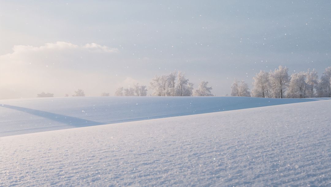 Glistening Snowfield at Dawn with Frosted Trees Sparkling Texture and Soft Diagonal Shadow