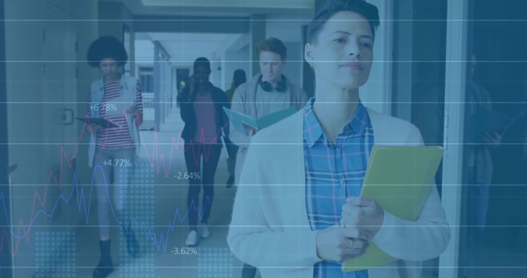 Teacher Walking Through School Hallway with Translucent Graph Overlay