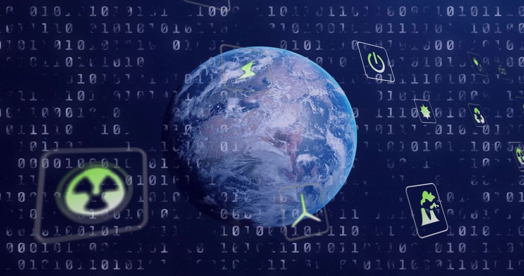 Earth rotating in digital network displaying green energy icons, binary data and recycling