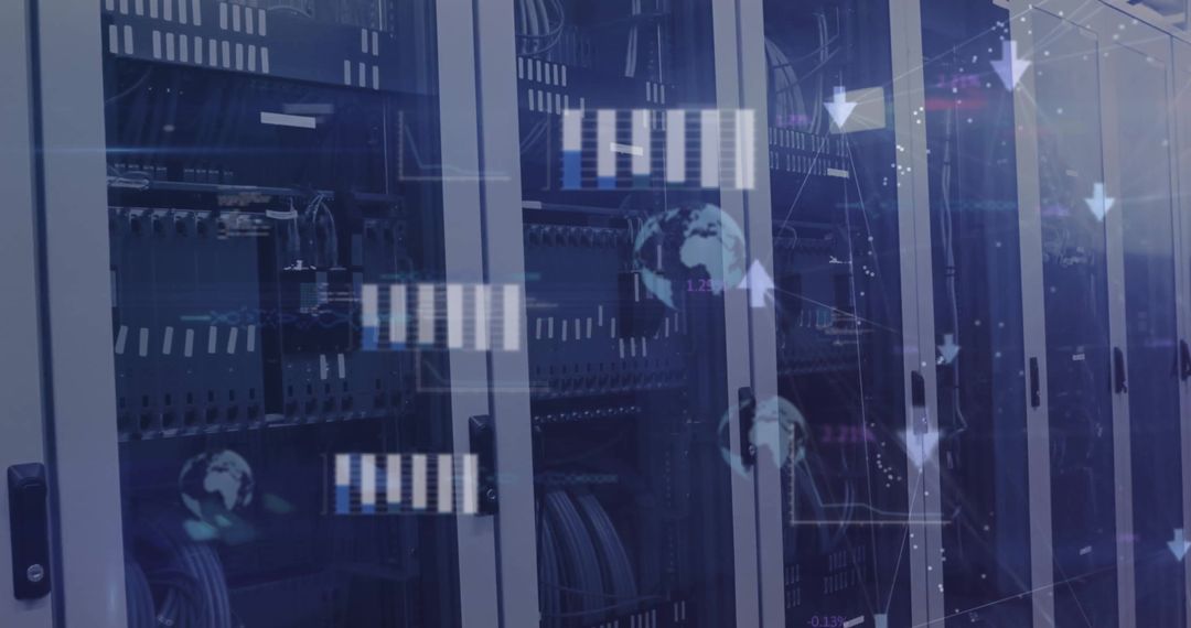Futuristic Server Room with Digital Interface Overlay for Global Networking