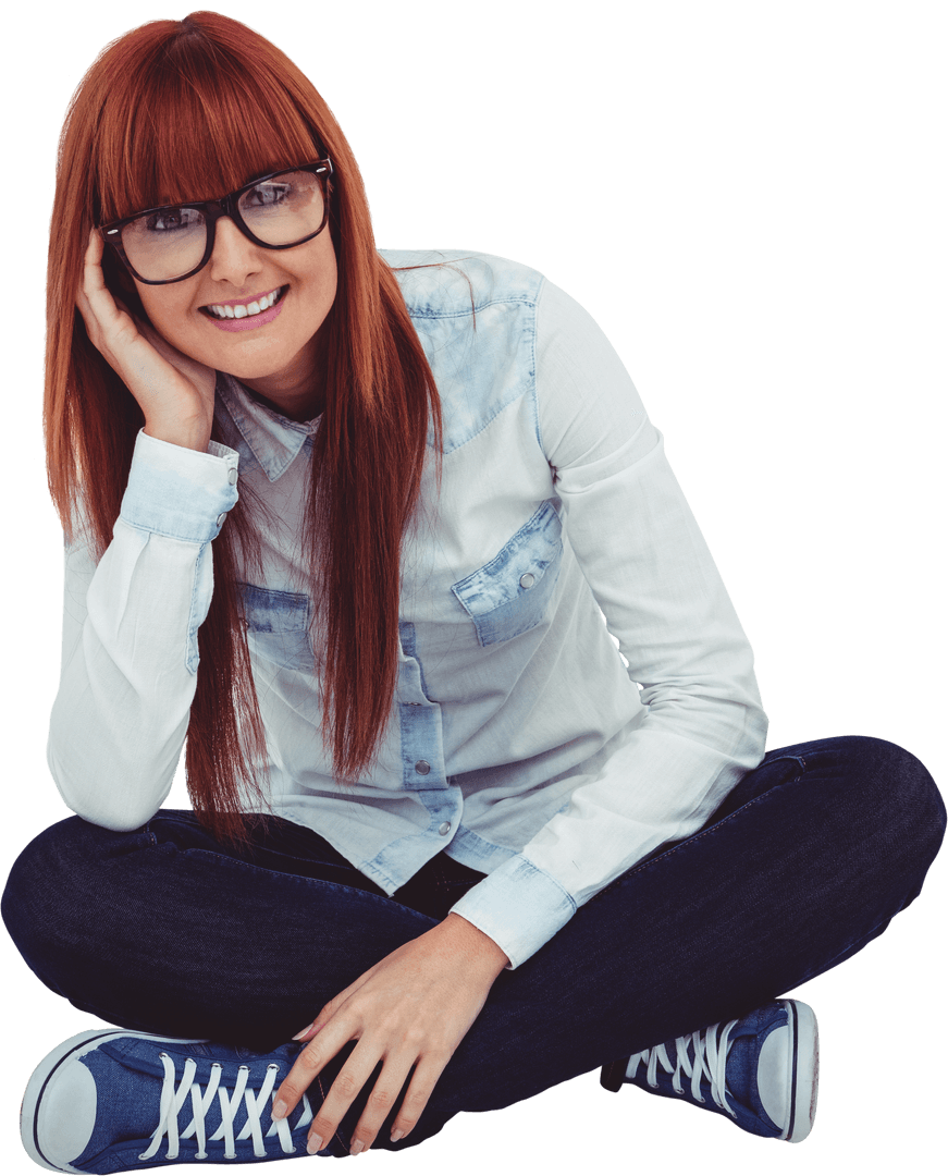 Smiling Woman Sitting Cross-Legged in Transparent Background