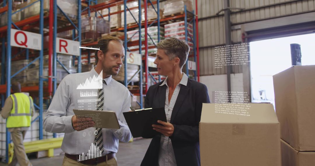 Warehouse managers reviewing inventory and consulting logistics with clipboards and analytics