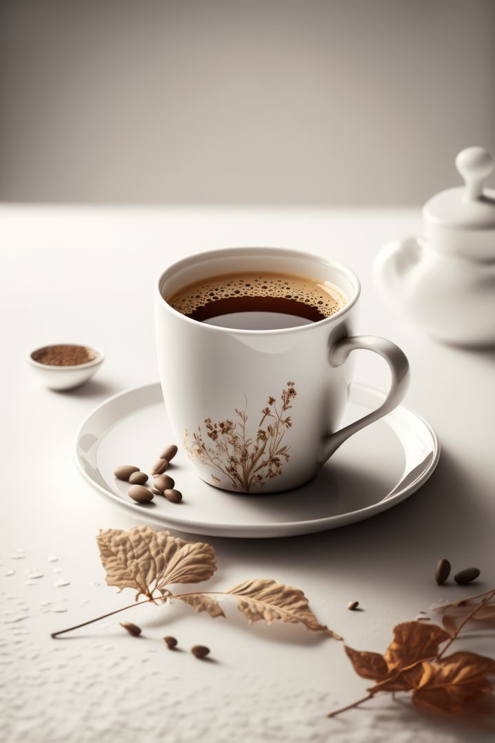 Elegant Coffee Cup with Autumn Leaves on White Table - Free Images, Stock Photos and Pictures on Pikwizard.com