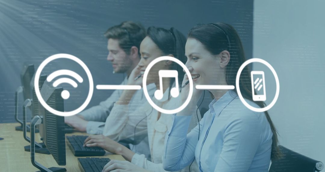 Diverse Customer Service Team Engaging With Digital Technology Icons