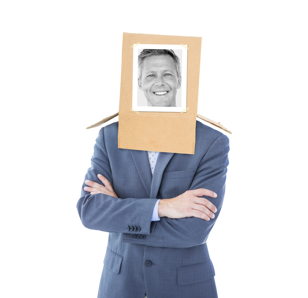 Businessman with Transparent Photo Box on Head in Suit with Crossed Arms - Download Free Stock Images Pikwizard.com