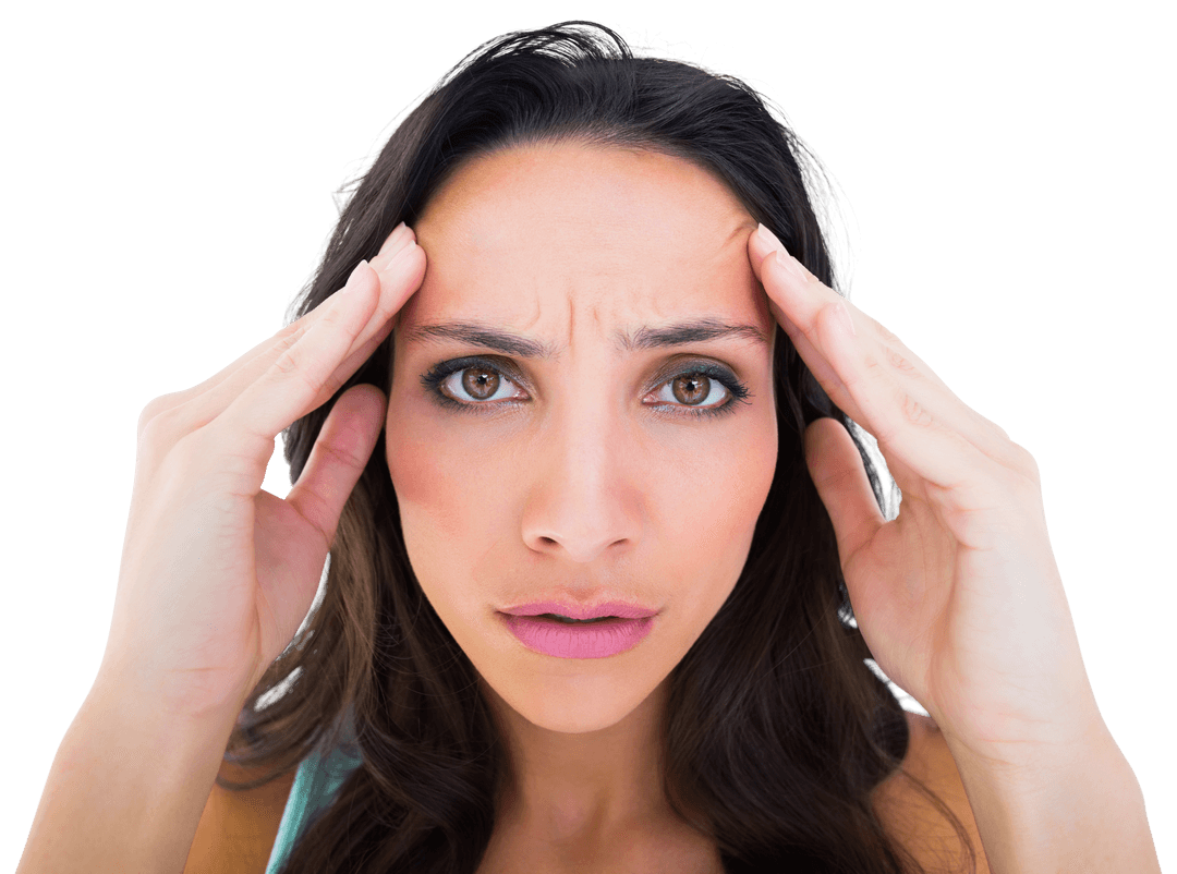 Worried Woman Touching Temples in Transparent Background