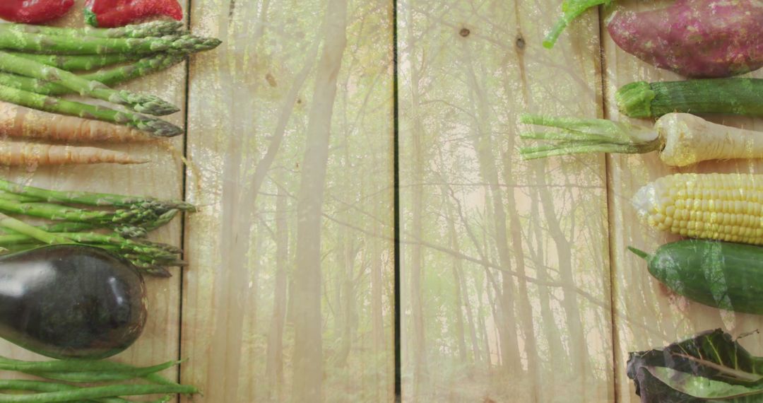 Assorted Fresh Vegetables on Wooden Surface with Forest Overlay