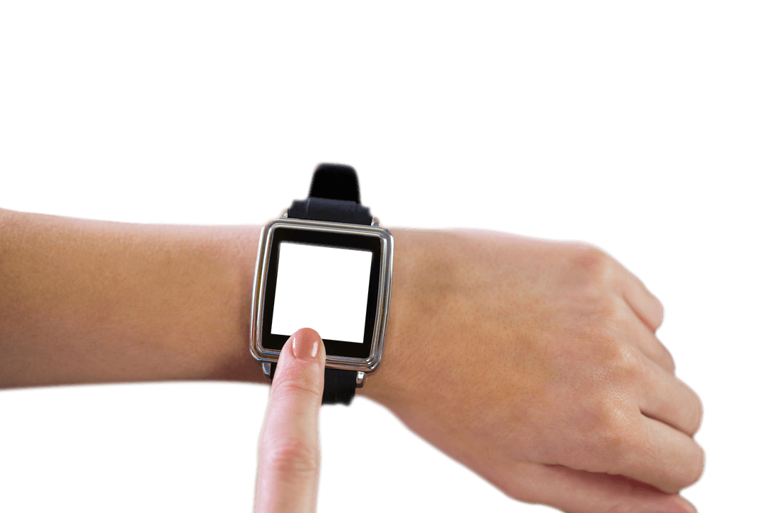 Caucasian Hands Operating Smartwatch on Transparent Background
