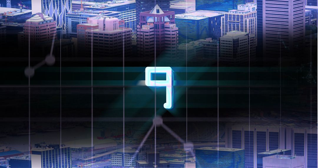 Illuminated Number 9 with Connected Network Over Cityscape