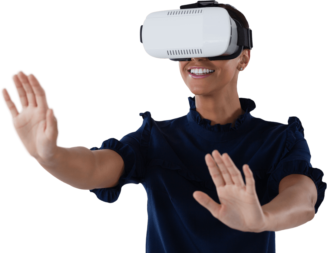 Smiling Woman in Dark Blouse Using Transparent VR Headset