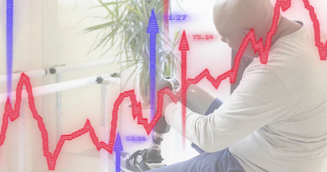 Man Adjusting Prosthetic Leg During Rehabilitation with Data Charts Overlay and Copy Space