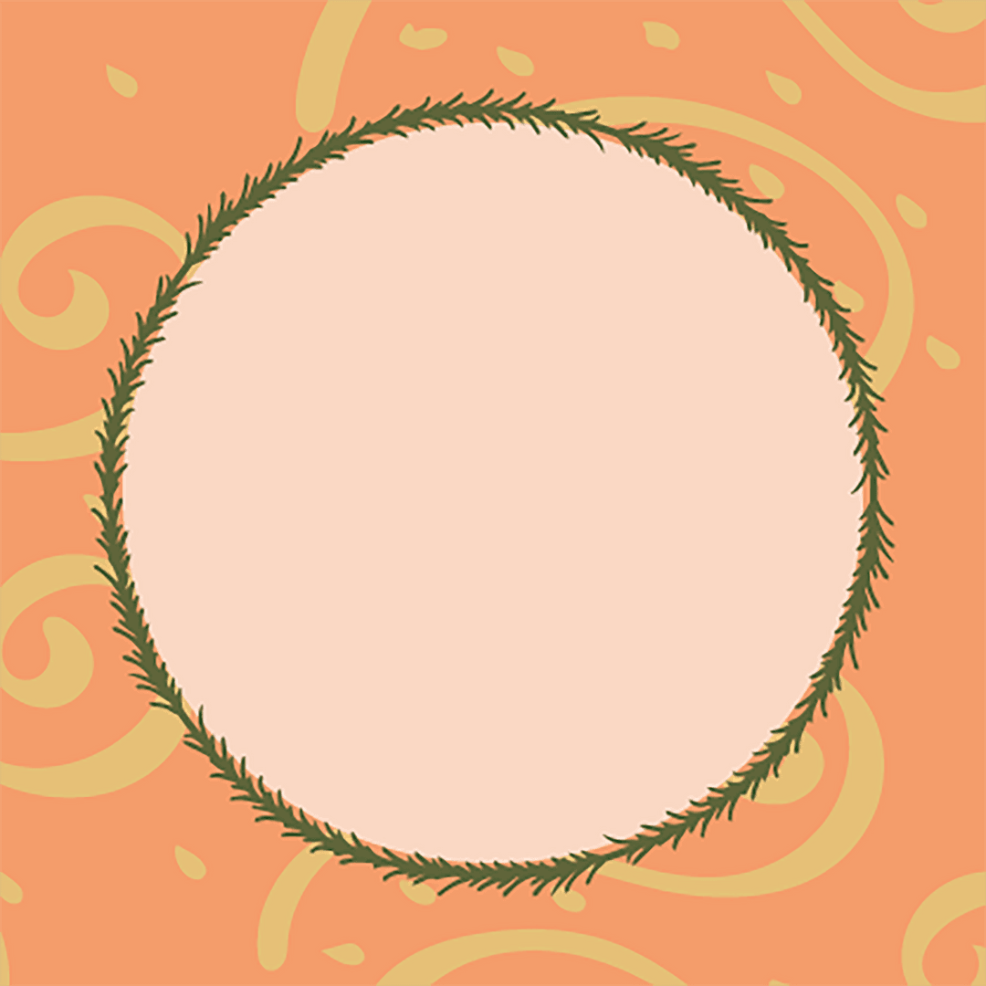 Transparent Circle Frame with Plant Border on Orange Background