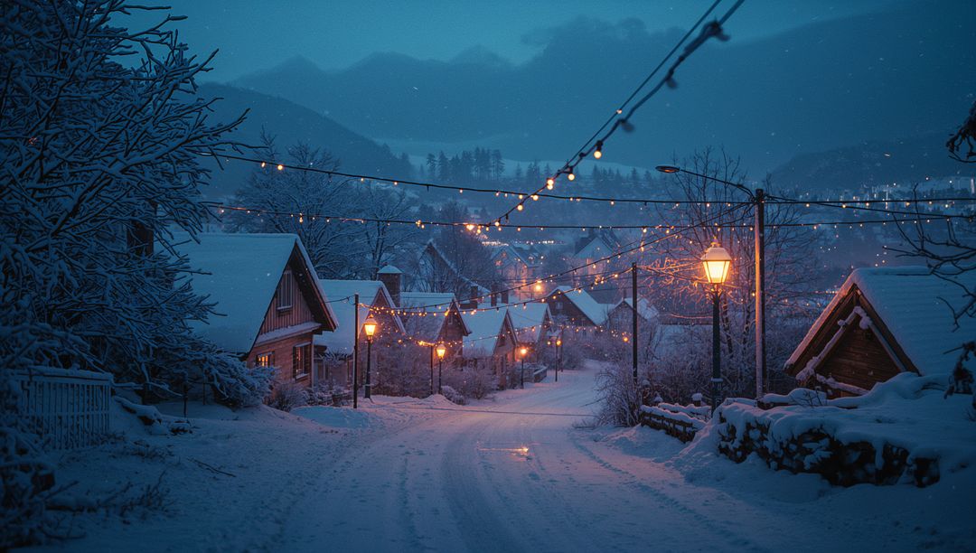 Twilight in Serene Snowy Village with Festive String Lights