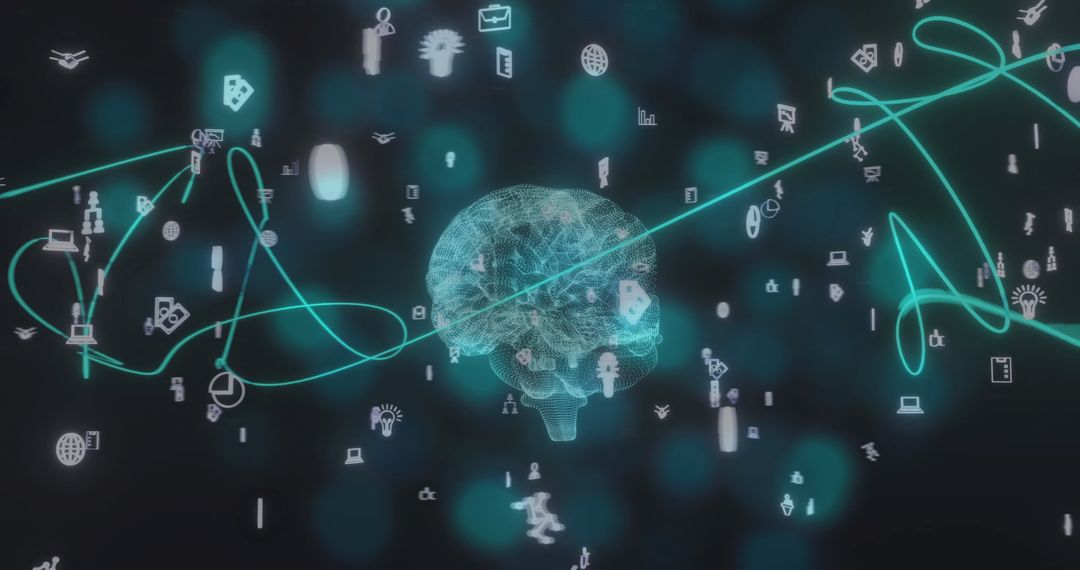 Digital Brain Surrounded by Media Icons Illustrating Technological Concepts