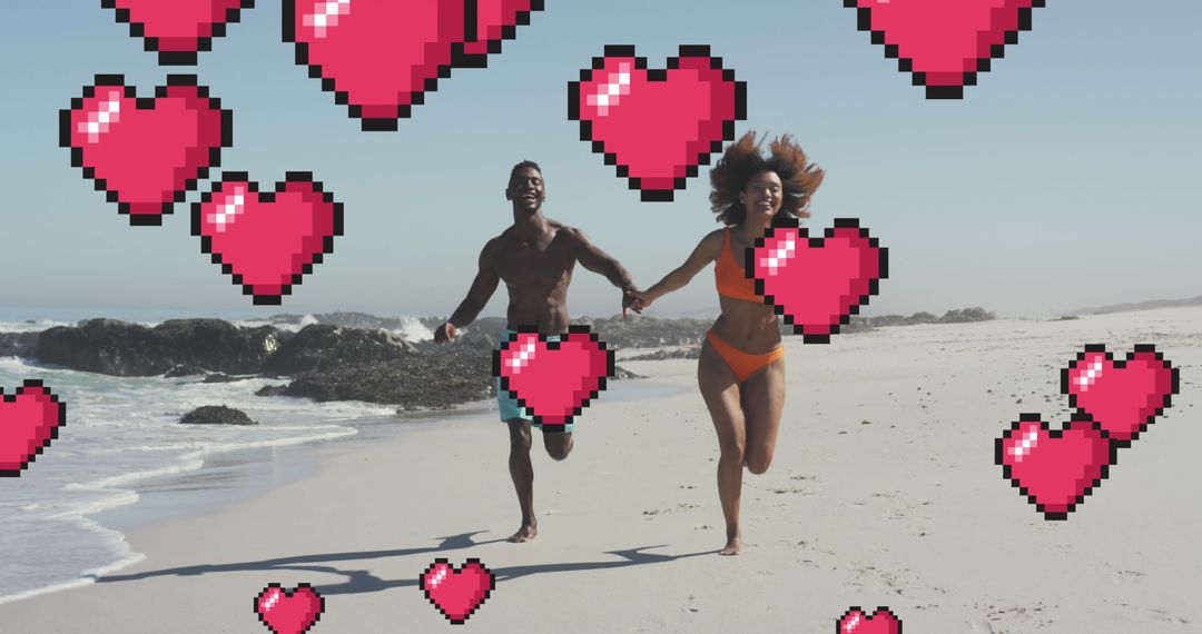 Couple Running on Beach Covered in Playful Digital Hearts