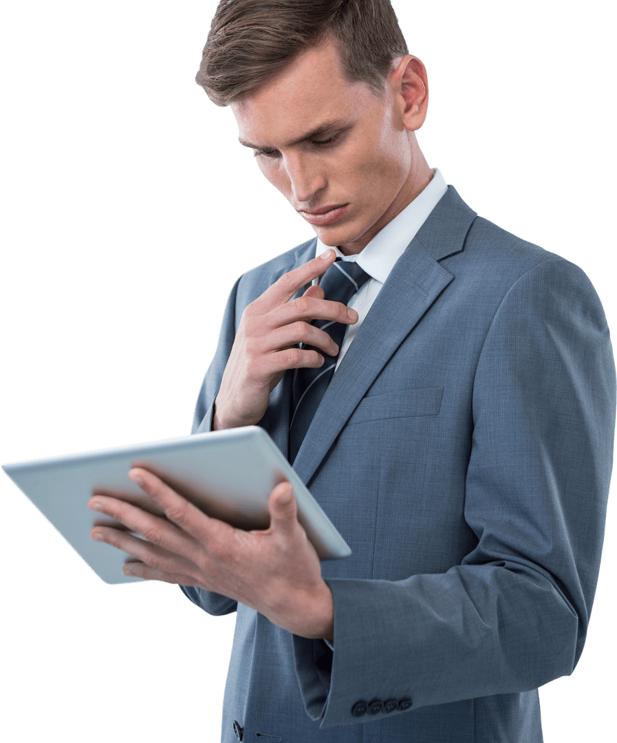 Transparent Businessman Analyzing Tablet Intently Expert Look