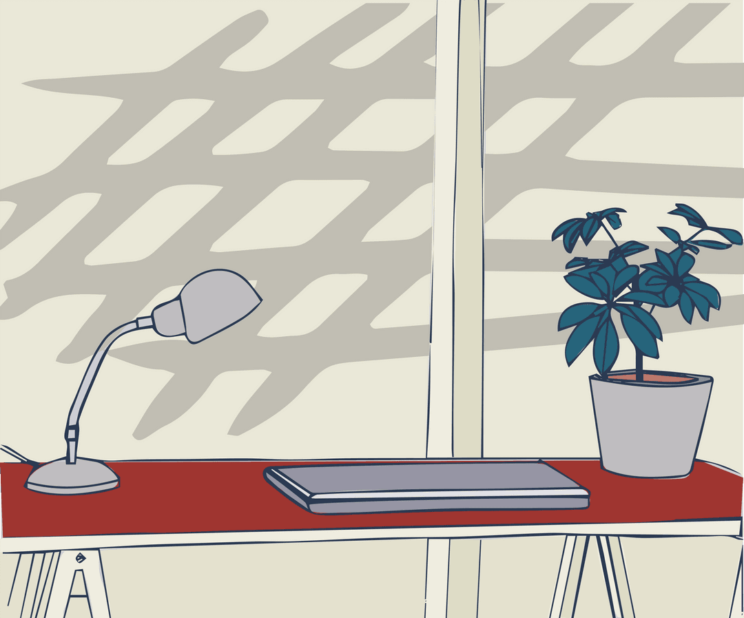 Office Desk with Laptop, Lamp, and Potted Plant - Transparent Vector Style