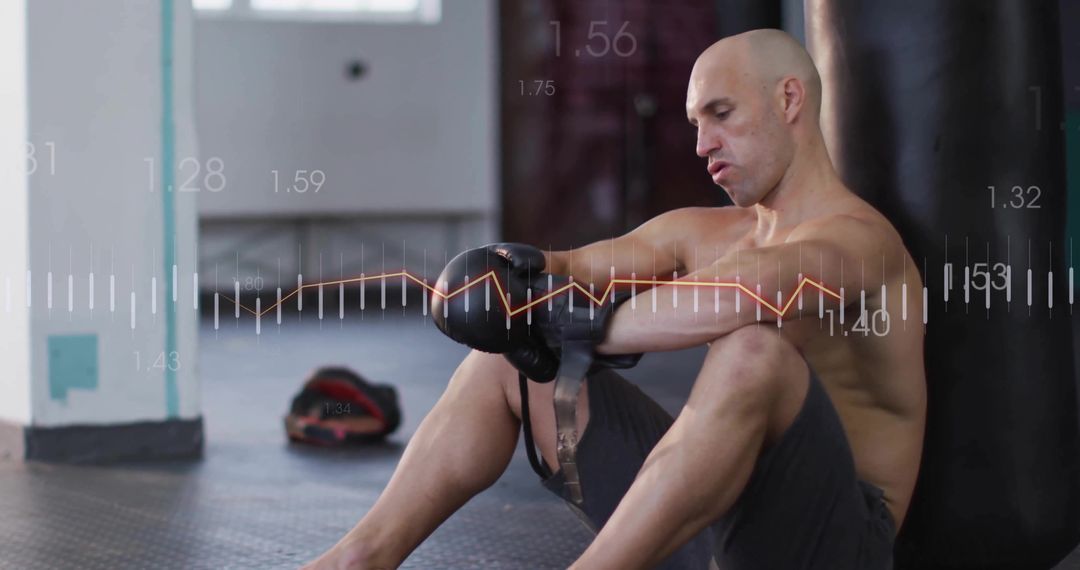 Boxer Adjusting Gloves in Gym with Dynamic Data Overlay