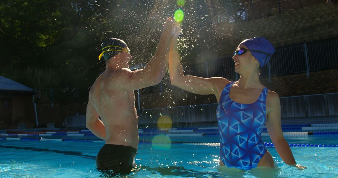 Couple giving high five in swimming pool - Free Images, Stock Photos and Pictures on Pikwizard.com