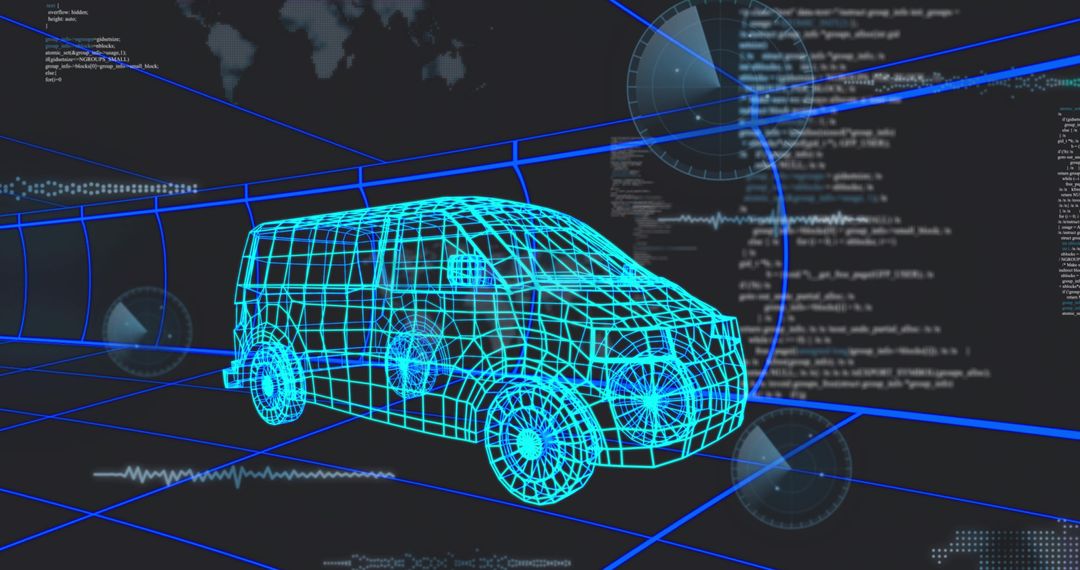 Wireframe Van with Virtual Code Overlays in Futuristic Tunnel