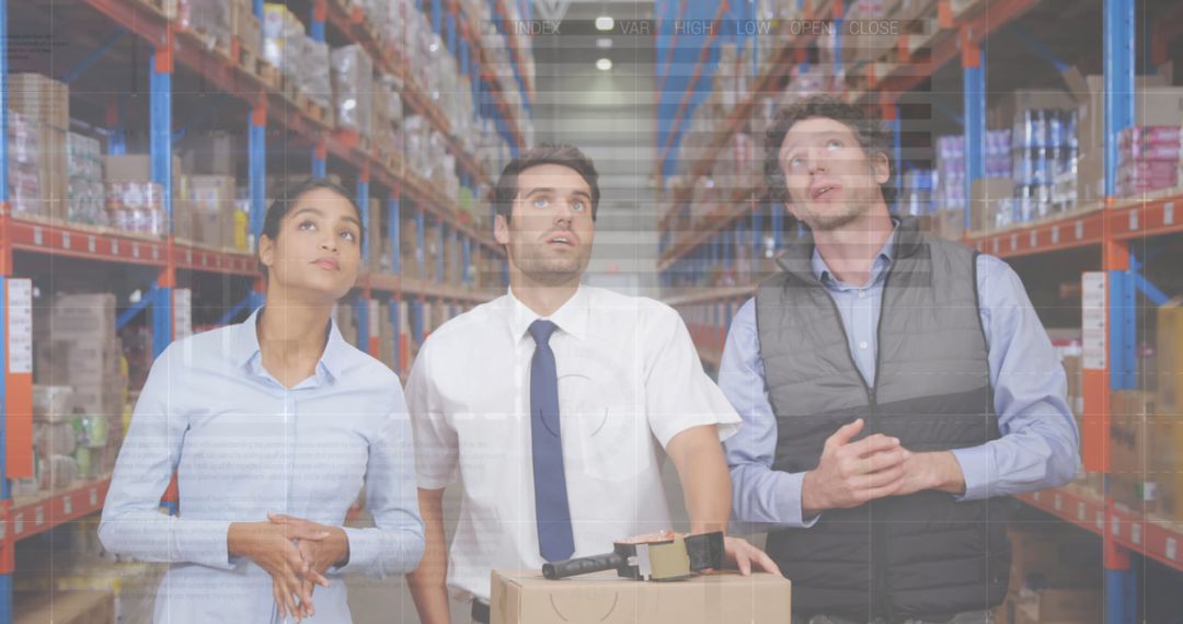 Warehouse Team Analyzing Data with Global Shipping Concept