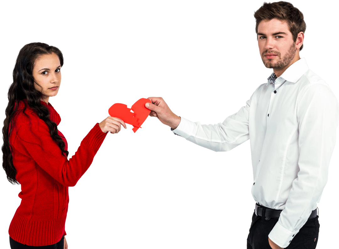 Transparent Couple Holding Red Broken Heart Symbolizing Relationship Challenges