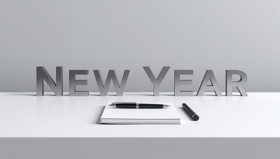 Minimalist Metallic New Year Planning Concept with Notebook and Pen on Glossy Desk