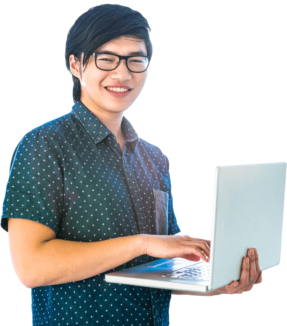 Transparent Young Professional Using Laptop Smiling