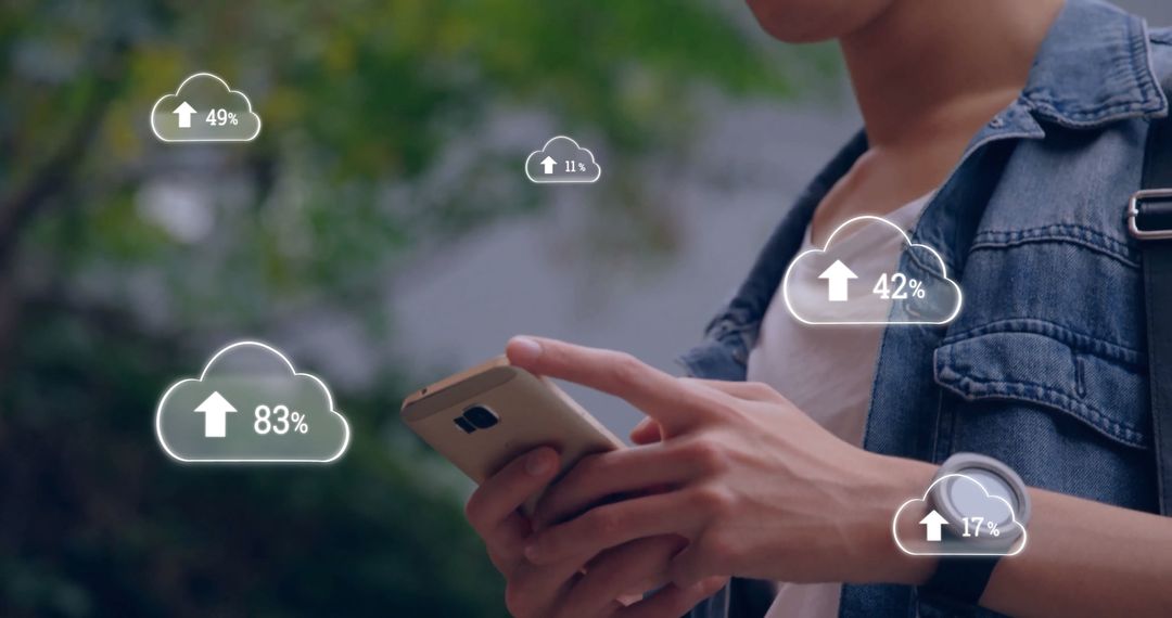 Young Adult Using Smartphone with Cloud Computing Interface