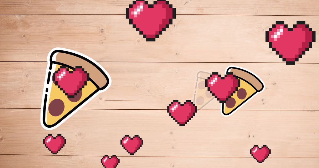 Playful Pizza and Pixel Hearts Floating on Wooden Background