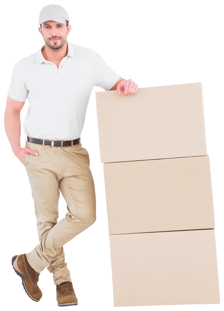 Transparent Delivery Man Leaning on Stacked Boxes Smiling