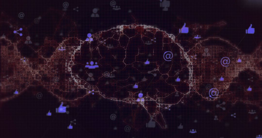 Digital Brain with Data and Communication Icons on Black Background