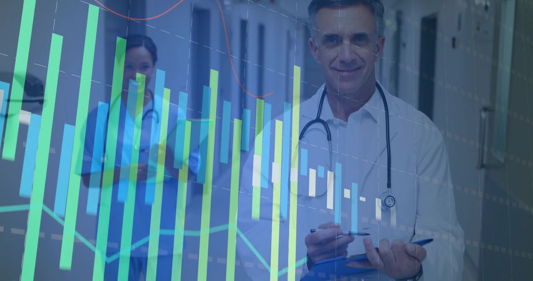 Healthcare Professionals Analyzing Data with Graph Overlay in Hospital