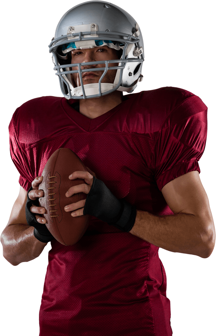 Determined Football Player Holding Transparent Ball in Burgundy Jersey