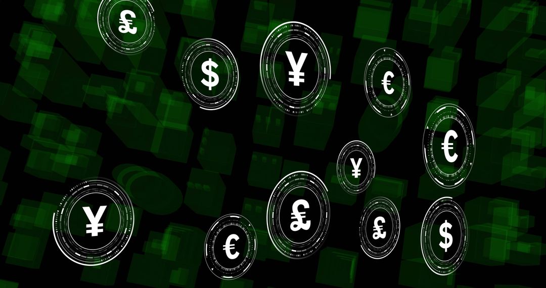 Digital Currency Symbols Floating Above Virtual Cityscape