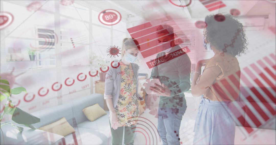 Colleagues Discussing Data with Digital Graphs Overlaid